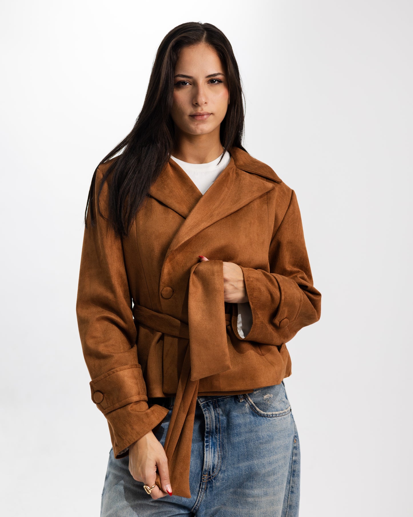 BROWN SUEDE BELTED JACKET
