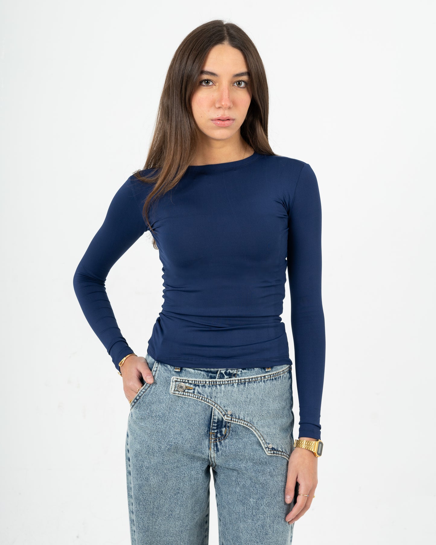 NAVYBLUE ROUND NECK SEAMLESS TOP